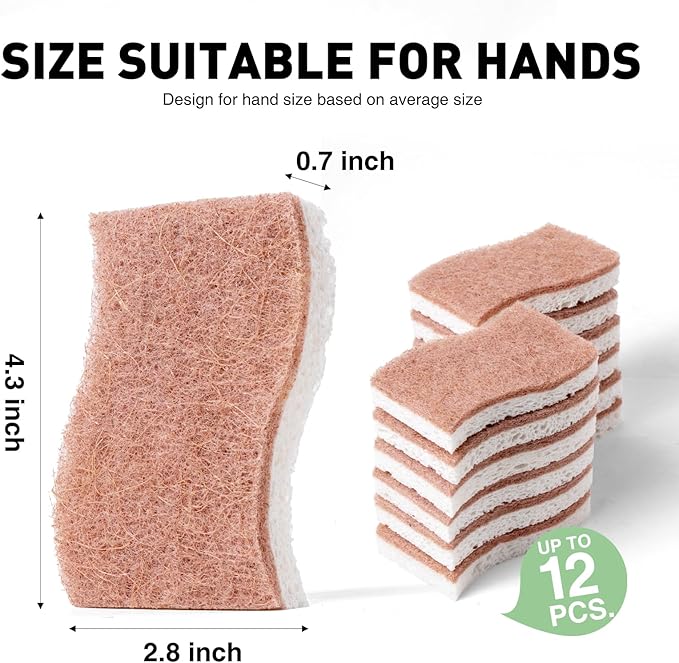 Eco-Friendly Sisal and Wood Pulp Cotton Double-Sided Cleaning Sponges - 12 Pack, S-Shaped Biodegradable Scrubbers for Kitchen, Dishes, and More (4.3 x 2.8 x 0.7 Inches Each)