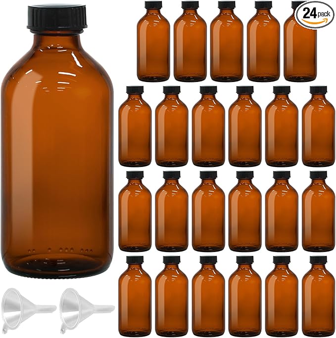 24 Pack 8oz Amber Glass Boston Round Bottles with Phenolic Polycone Caps – Airtight, Leak-Proof Brown Glass Containers for Kombucha Brewing, Storing Condiments, Essential Oils, and Homemade Solutions