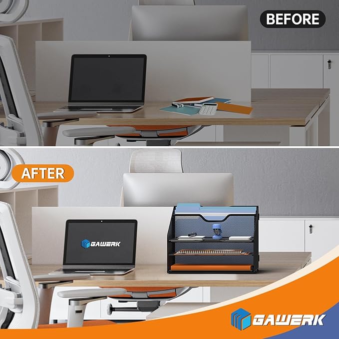 Letter Tray Organizer, Mesh Desk File Organizer with 3 Paper Trays and 2 Vertical Upright Section, Blank