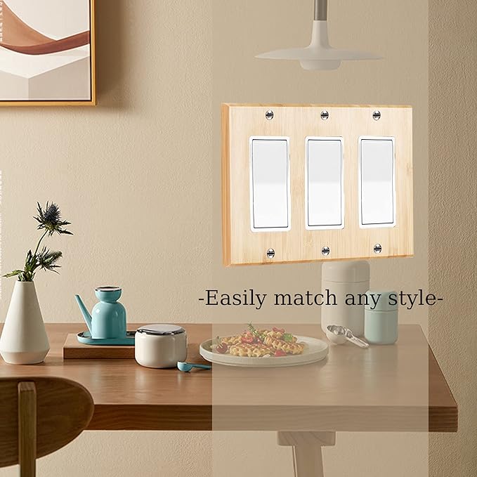 Raw Wood Light Switch Cover Decorative Triple Rocker Wall Plate 6.5" x 4.6" Bamboo Quality Light Switch Plate Cover for Bedroom Kitchen Home Decor (Triple Rocker)