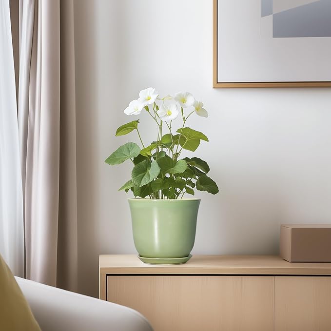 5.6 Inch Plant Pot - Ceramic Pots for Plants Indoor Outdoor, Round Orchid Succulent Pot with Drainage Hole and Saucer, Modern Small Planter, Home Room Window Decor, Plants Lover Gift, Green