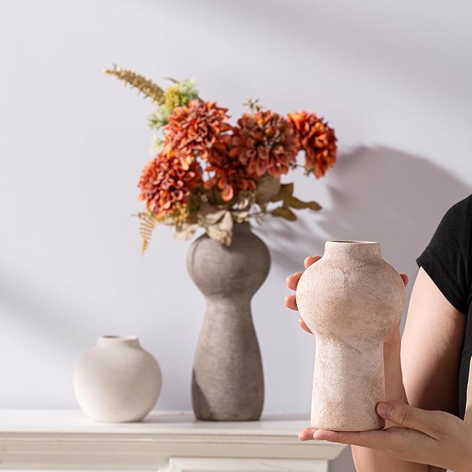 Ceramic Vase Home Table Decor - Flower Vase Set of 3 Living Room Kitchen Decorations Farmhouse Modern Rustic Vases Decorative Centerpiece for Shelf Bedroom Office Bathroom Dining Coffee Desk