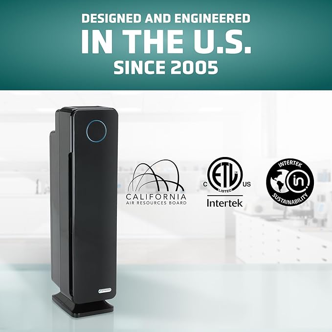 GermGuardian Air Purifier for Home with HEPA Pure Filter, for Wildfire Smoke, Pet Dander, Pollen, Odors, Large Rooms Up To 870 Sq. Ft., Removes 99.97% Pollutants, UV-C Light, 28", AC5350B, Black