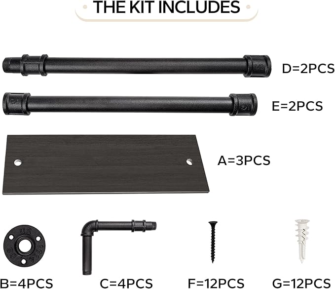 3-Tier Industrial Pipe Floating Shelf – Rustic 24 inch Wood Wall-Mounted Storage Shelf for Kitchen Office,Bathroom & Home Decor -Black