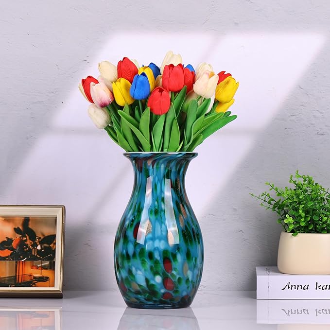 12 inch Hand Blown Glass vase, Green Glass vase, Glass Large vase Flower Decoration, Glass Art vase for Wedding Bathroom Dining Table Shelves Office Living Room Coffee Table Centerpiece vase.