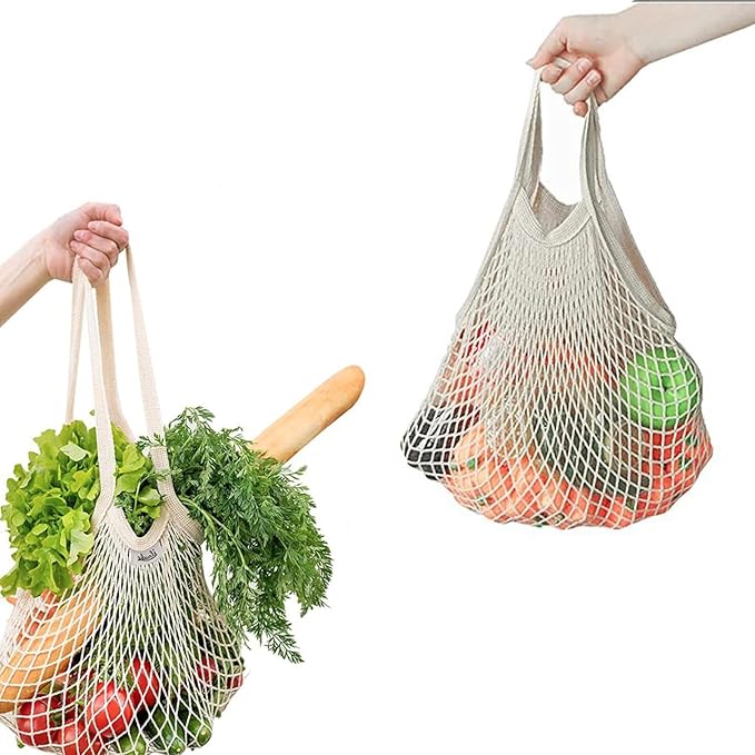 2 Pack Reusable Produce Bags | Mesh Net Washable Long Cotton String Handles for Fruits & Vegetables - Eco-Friendly Breathable Grocery Storage Solution