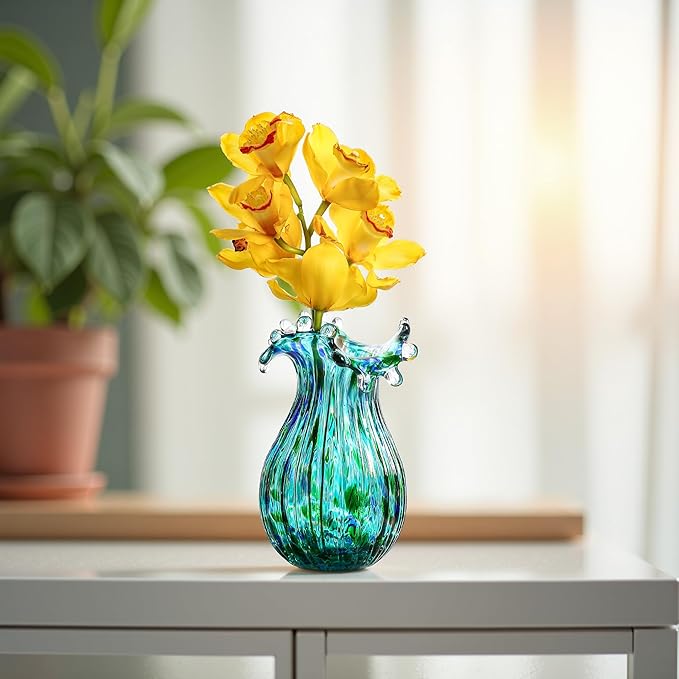 Green Glass Bubble Vase for Flowers, 8.5" Blown Glass Vase for Home Decor, Modern Art Flower Vases Decorative | Table Centerpiece, Olive Plant, Wedding, Living Room, Bookshelf, Office, Entryway