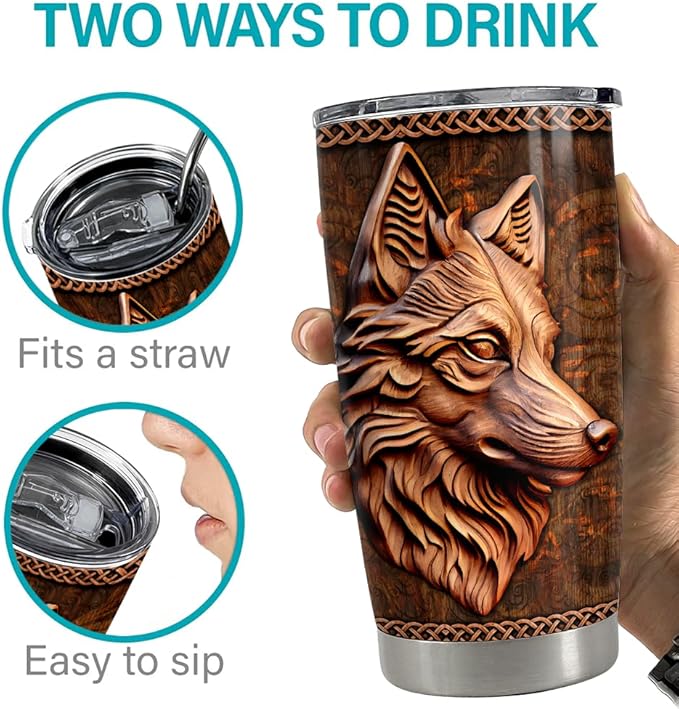 SANDJEST Wolf Tumbler 20oz Wolf Wood Drawing Stainless Steel Insulated Tumblers Coffee Travel Mug Cup Wolf Gift for Men Boys Gifts for Birthday Christmas
