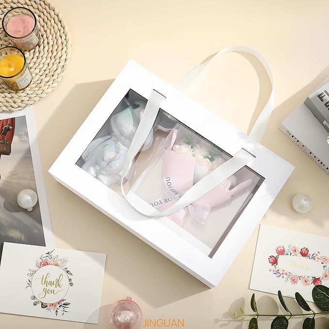 White Gift Box with Window, Clear Magnetic Gift Box with Handle for Present, Bridesmaid Proposal Box (10.5x7.5x3 Inches