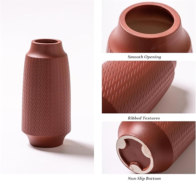 Ceramic Vase Set of 3, Modern Multicolor Pattern Flower Vases for Home Decor, Office, Centerpieces, Boho Farmhouse Style (Red/Green/Orange)