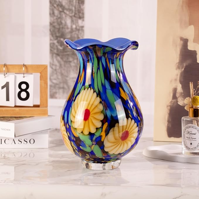 KAMMAK Colored Glass Vase, Beautiful Hand Blown Decorative Vase, Modern Art Vase for Flower Mantle Dining Table Centerpiece, Entryway Living Room Wedding Decoration, FH023