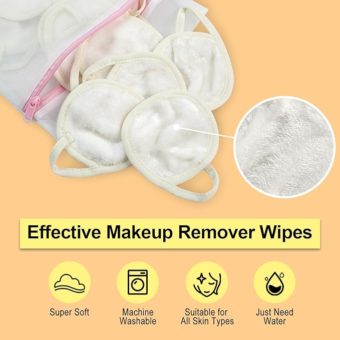 Nugilla 18 Packs Reusable Makeup Remover Pads with a Washable Laundry Bag, Resuable Microfiber Round Towel Skin Face Towels, Soft Makeup Remover Cloth, Fast Drying Washcloth (White)