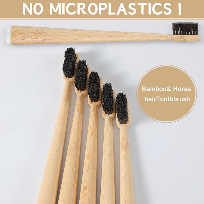 6 Pcs Horse Bristle Bamboo Toothbrush Soft Natural Bristle Bamboo Toothbrush (No Nylon, Horse Hair Only) Totally Compostable Biodegradable Zero Waste Plastic Free(Horsehair,Tail Spine)