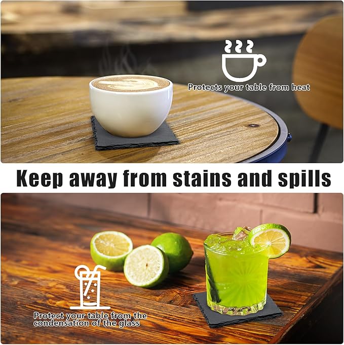 24 Pack Square Slate Drink Coasters, VIBRATITE 4 Inch Black Slate Stone Coasters Bulk Cup Coaster Laser Engraving Blanks with Anti-Scratch Bottom for Drink Coffee Bar Kitchen Home Decor