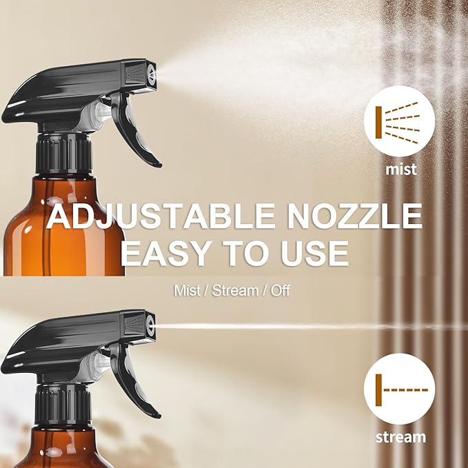 Plastic Spray Bottles, 2-Pack, 16.9 Oz, Mist & Stream, Heavy Duty Spraying, Empty Water Spray Bottle for Cleaning Solutions, Essential Oils, Hair, Plants, BBQ, Cat Dog Behavior Correction (Amber)