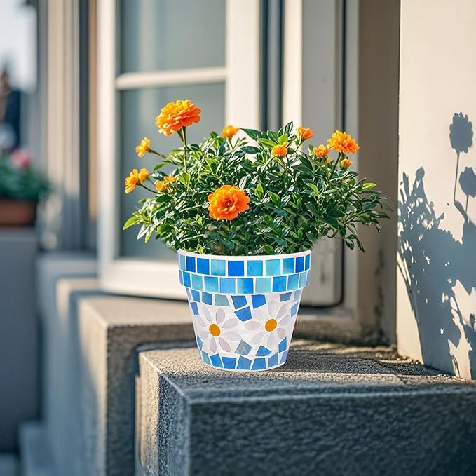 4" Mosaic Terracotta Flower Pot Small Succulent Planter with Drainage Mini Succulent Nursery Pot for Indoor Outdoor Plants Light Blue
