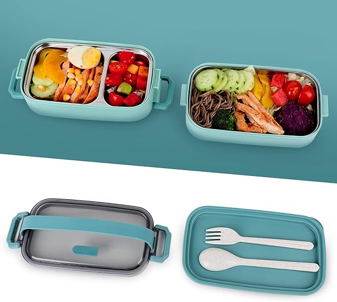 Bento Lunch Box for Kids Women Men, 47oz 2-Compartment Snack Salad Metal Food Prep Pack Container for Lunch, Stainless Steel 2 Layers Stackable Lunch Containers with Lids for Adults and Teens Green