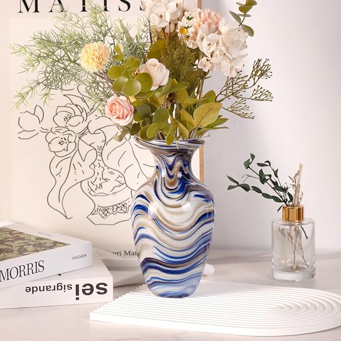 KAMMAK Colored Glass Vase, Beautiful Hand Blown Decorative Vase, Modern Art Vase for Flower Mantle Dining Table Centerpiece, Entryway Living Room Wedding Decoration, FH013