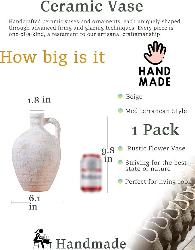 UPWOIGH Ceramic Flower Vase, 9.8 inch Tall Off-White Farmhouse Rustic Vase, Handcrafted Weathered Handle Pottery Vases, Large Flower Terracotta Vases for Home Decor, Living Room, Table, Shelf