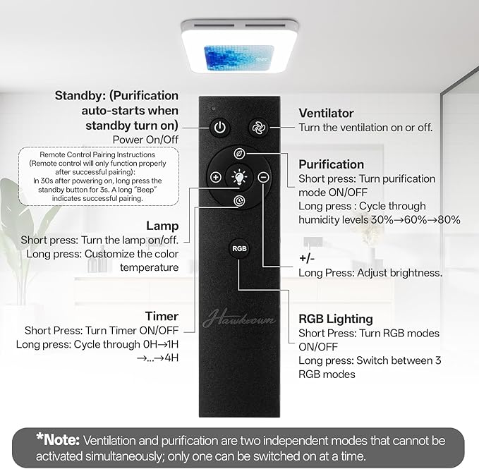 Bathroom Exhaust Fan with Light Humidity Sensor, Bathroom Fan with Odor & Humidity Sensor, 230 CFM 1.0 Sone Venlitation Fan with 3CCT LED Light 7 LED Color, Remote Control Easy Install