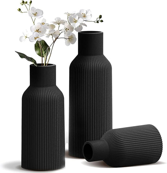 Black Ceramic Vases Set of 3, Black Ribbed Decorative Vases - Table Centerpieces for Wedding, Living Room, Office & Shelf Decor