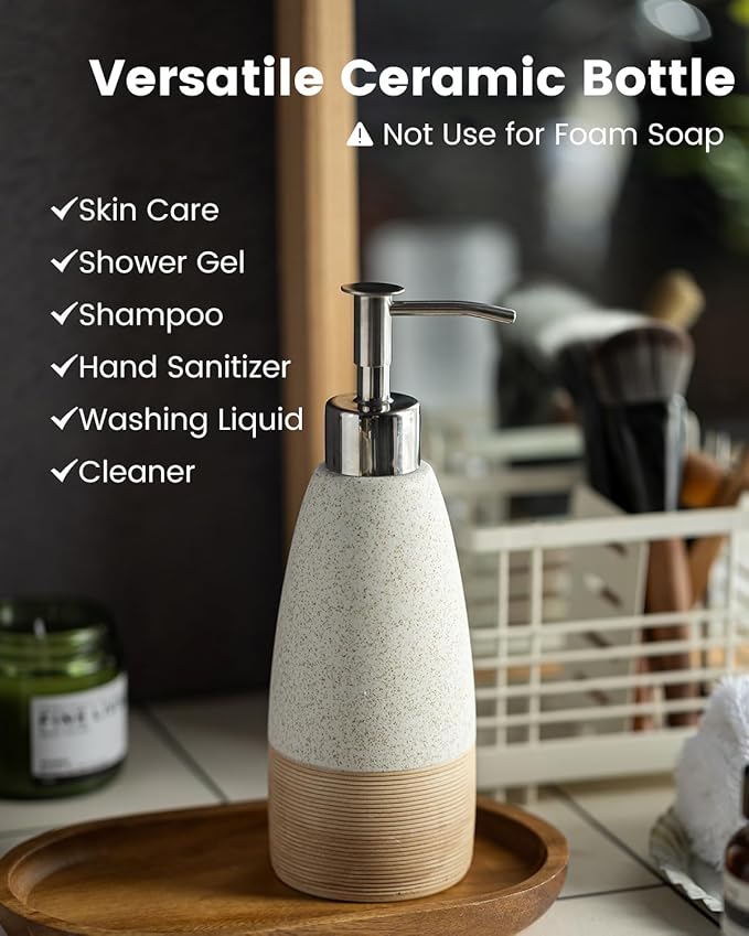12oz Dish Soap Dispenser with 2 Pumps for Hand Soap, Shampoo, Lotion, Conditioner, Ceramic Refillable Soap Bottle with Silicone Funnel for Thanksgiving, Christmas Bathroom, Kitchen, Speckled White