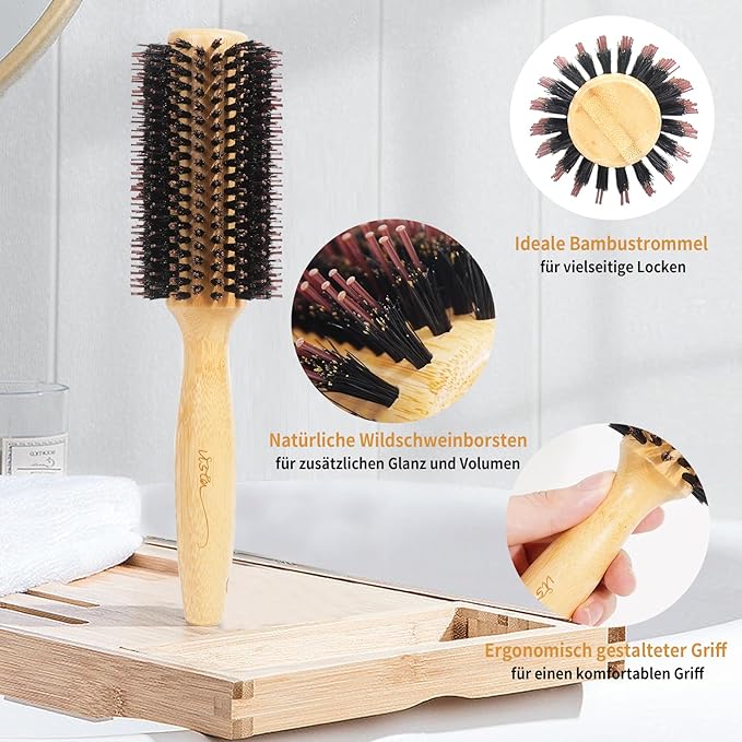Vista Round Hair Brush with 10mm Boar Bristle 15mm Nylon Bristle Hairbrushes for Women Bamboo Hair Brush Styling with Tail Comb for Blow Drying, Shiny, Smooth, Long, Curly Hair