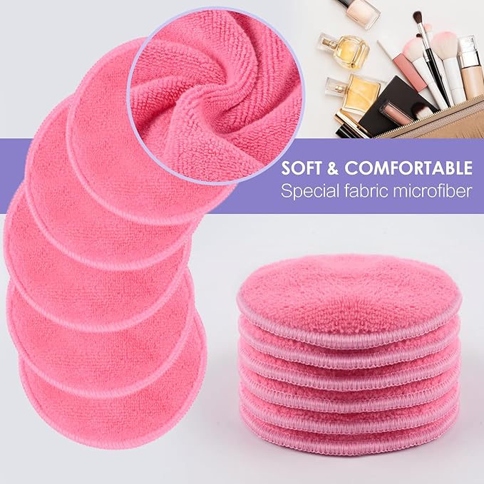 SUNLAND Reusable Makeup Remover Pads for Face,Eye,Lips 16 Pack Microfiber Face Cleansing Gloves Washable with Laundry Bag and Travel Bag Rounds Toner Pads（Round 3.15inchx16 Pink）