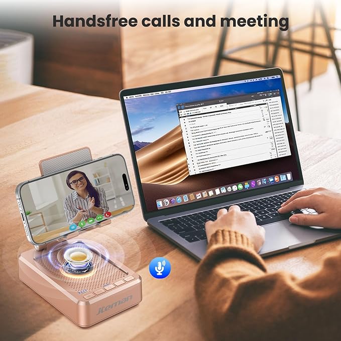 JTEMAN Cell Phone Stand with Bluetooth Speaker and Charging Function,Bluetooth Audio Power Bank Bracket,Birthday Gifts for Men Women,Kitchen Gadgets for Most Phones and Tablets-Rose Gold