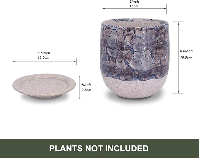 6 in Ceramic Plant Pot with Saucer，Indoor Plant Pot for Plants, Flower Pot with Drainage，Reactive Glaze Grey