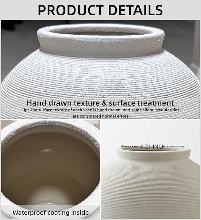 Large White Ceramic Vase, 10.8 inch Round Minimalist Textured Vase, Rustic Farmhouse Decor for Home, Living Room, Shelf, Table, Wedding & Entryway Decoration (Sandstone White)