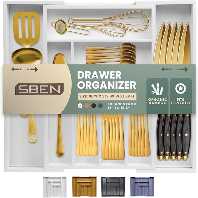 Sben Expandable Drawer Organizer for Utensils Holder, Adjustable Cutlery Tray, 6-8 Slots, Premium Wood Drawer Dividers Organizer for Silverware, Flatware, Knives for Kitchen (White)
