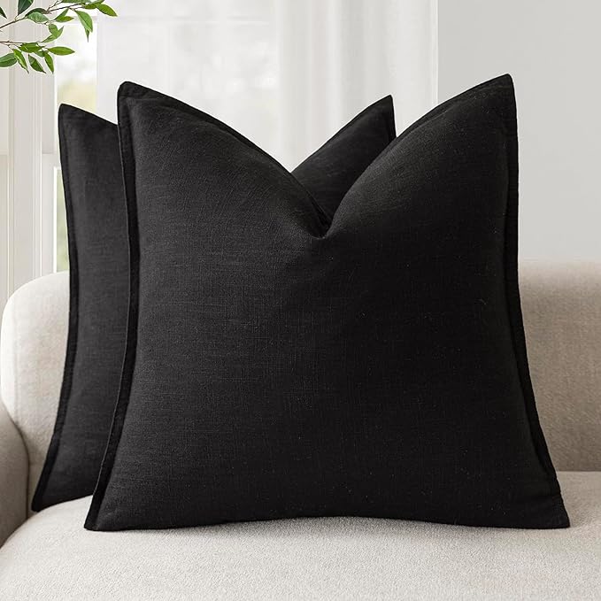 Foindtower Pack of 2, Decorative Linen Soild Throw Pillow Covers Soft Accent Cushion Case Boho Farmhouse Neutral Pillowcase for Chair Couch Sofa Bedroom Living Room Home Decor 16 x 16 Inch Black