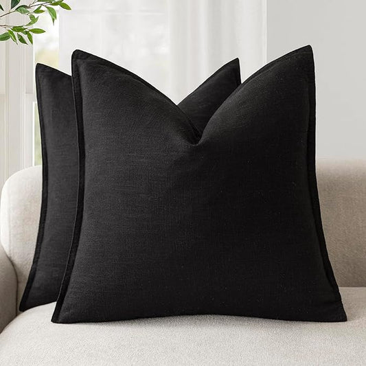 Foindtower Pack of 2, Decorative Linen Soild Throw Pillow Covers Soft Accent Cushion Case Boho Farmhouse Neutral Pillowcase for Chair Couch Sofa Bedroom Living Room Home Decor 18 x 18 Inch Black