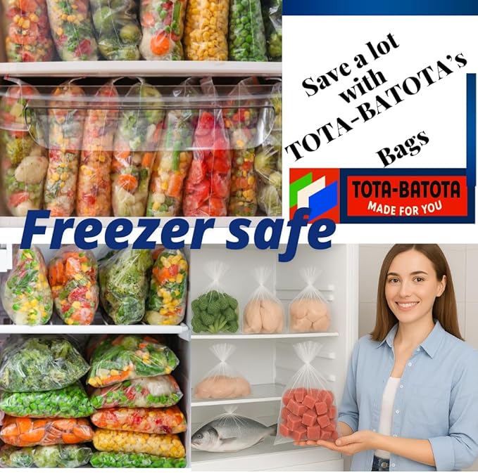 Plastic Produce Bags on Rolls – 2000 Count (4 Rolls), 10x15 in, Clear Food Storage Bags with Easy Tear Red Line, for Fruits, Vegetables, Meat, Freezer, Grocery & Commercial Use, TOTA-BATOTA