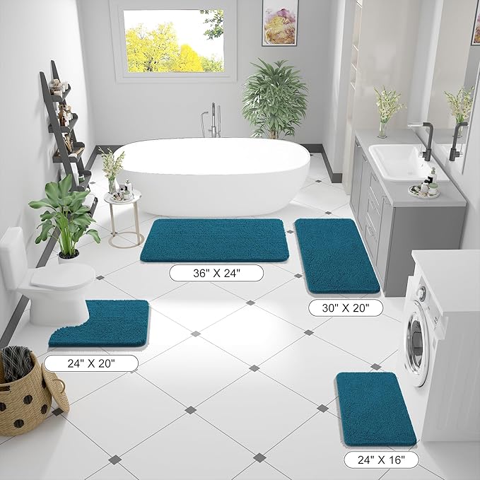 OLANLY Bathroom Rugs 59x24, Extra Soft Absorbent Chenille Bath Rugs, Rubber Backing Quick Dry, Machine Washable Bath Mats for Bathroom Floor, Tub and Shower, Home Decor Accessories, Peacock Blue