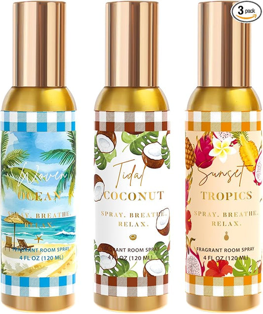 Room Spray, Tidal Coconut, Woven Ocean, Sunset Tropics, 3 Pack, Each 4 fl oz, Air Freshener for Home, Long-Lasting Odor Eliminator for Bathroom and Office