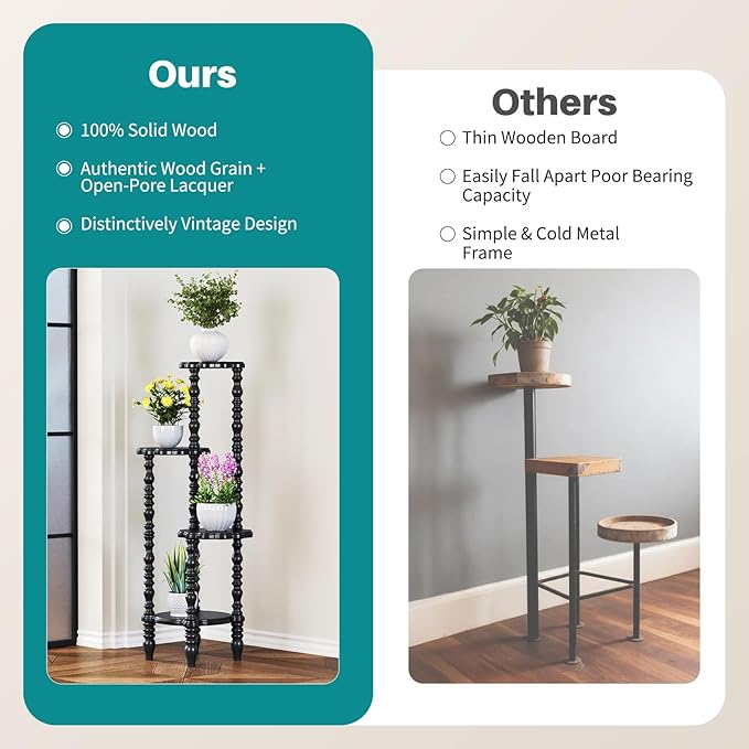 Wooden Plant Stand Indoor - 4 Tier 43.3" H Tall Classic Antique Vintage Heavy Duty Solid Wood Black Plant Flower Display Stand Shelf for House Corner, Living Room, Bedroom, Entryway, Hallway