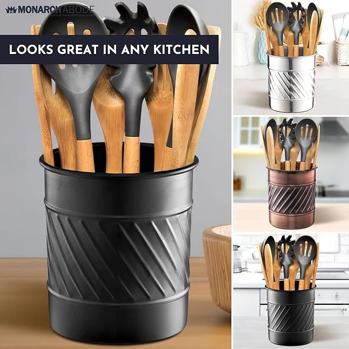 Monarch Abode Handcrafted Wave Embossed Kitchen Utensil Holder for Kitchen Counter, Spatula, and Large or Small Spoon Holder, Decorative Cooking Utensil Crock Organizer for Countertop, Matte Black