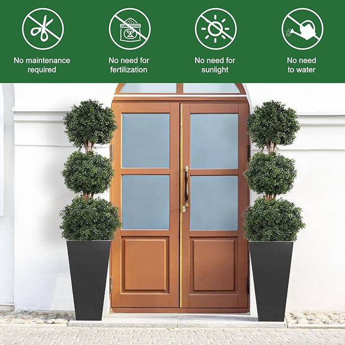 Artificial Topiaries Ball Tree Outdoor, 4.8ft Fake Topiary Triple Ball Boxwood Trees(2 Pieces), Faux Shrubs Plants Potted Artificial Tree Green Decorative Indoor Porch or Garden 57inch