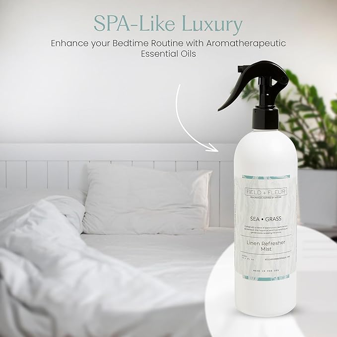 FIELD FLEUR Sea Grass Linen & Room Spray 15.5 oz - Aromatic & Refreshing Bedding & Fabric Mist - Air Freshener for Clothes & Sofas - Notes of Blackcurrant, Jasmine & Sandalwood - Made in USA