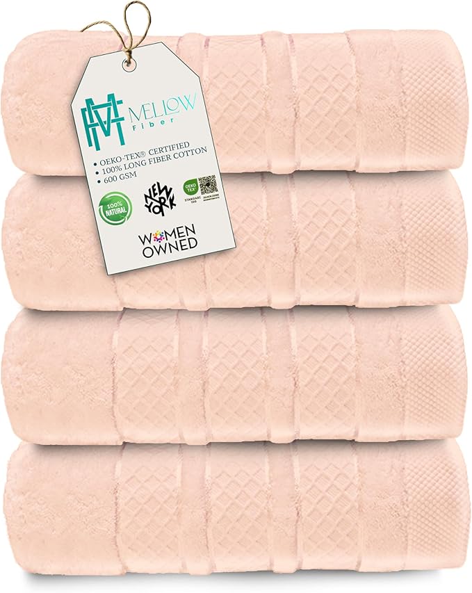 Premium Towel Set: Super absorbent, quick-drying, soft, plush. Features hanging loop, fade-resistant, eco & skin-friendly dyes. Luxury dobby design for bath or spa. (Blush Pink, Bath Towel Set of 4)