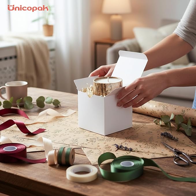 UnicoPak 50 Pack 4x4x4 White Gift Boxes, Elegant Small Gift Boxes with Lids for Birthday Wedding Holiday Christmas, Gift Box for Ornaments Treats Candle Mug Crafting