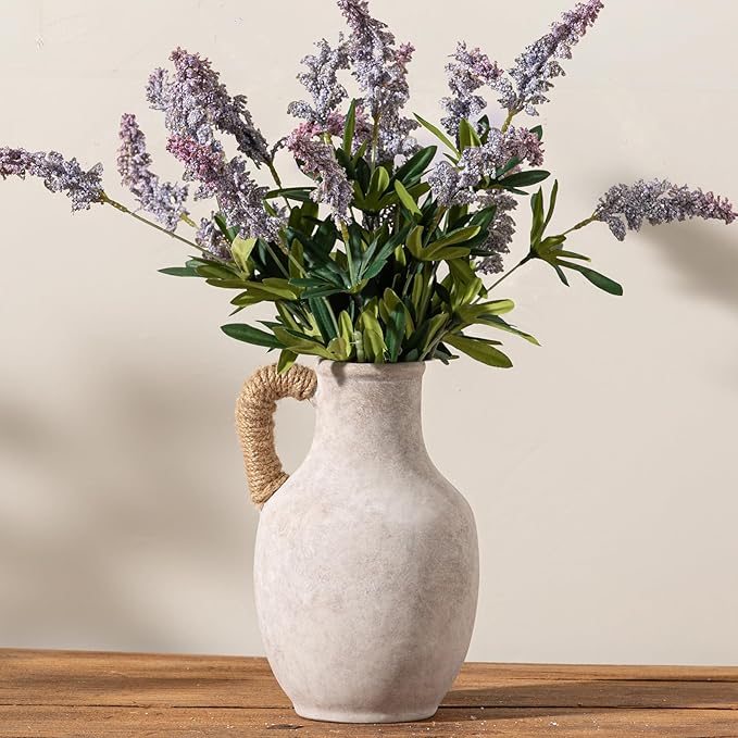 Ceramic Flower Vase Home Decor - 10 Inch Large White Rustic Table Flowers Vases Living Room Bedroom Plant Decorations Farmhouse Vintage for Kitchen Shelf Office Coffee Dining Desk House Women