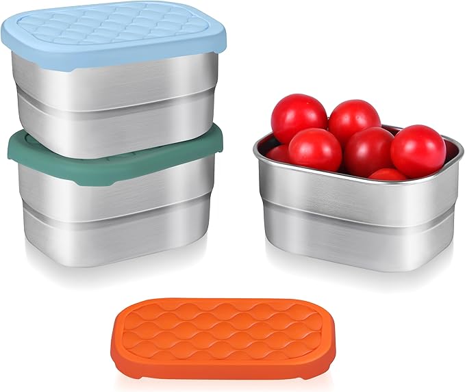 3 Pcs 8oz Stainless Steel Kids Lunch Box, Small Snack Containers with Lids, Reusable Leak Proof Lunchbox, Salad Dressing Container to Go, Mini Bento Box for Daycare School