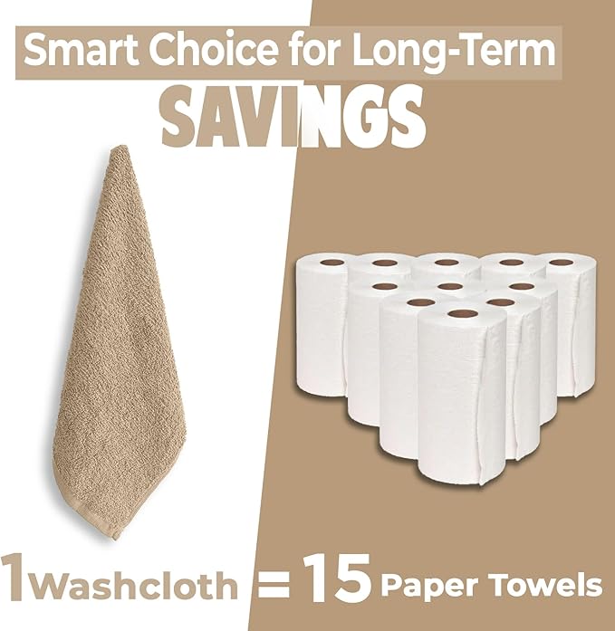 DAN RIVER 100% Cotton Wash Cloths 24 Pack [12x12] Soft & Absorbent Thin washcloths, Gym, Hotels & Spa Perfect for Everyday Use Fingertip Towels, Tan