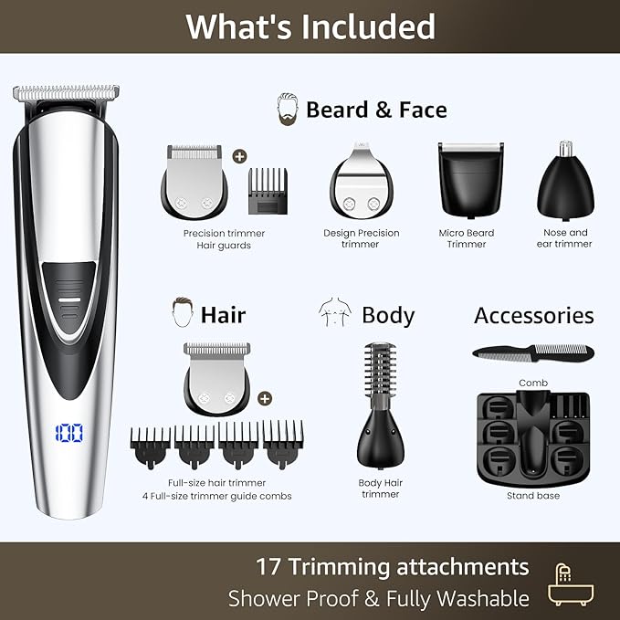 SHPAVVER Beard Trimmer for Men: Professional Barber Hair Clippers - 12-in-1 Cordless Grooming Kit - Waterproof Electric Razor with Turbo Speed & Precision Blades, Silver