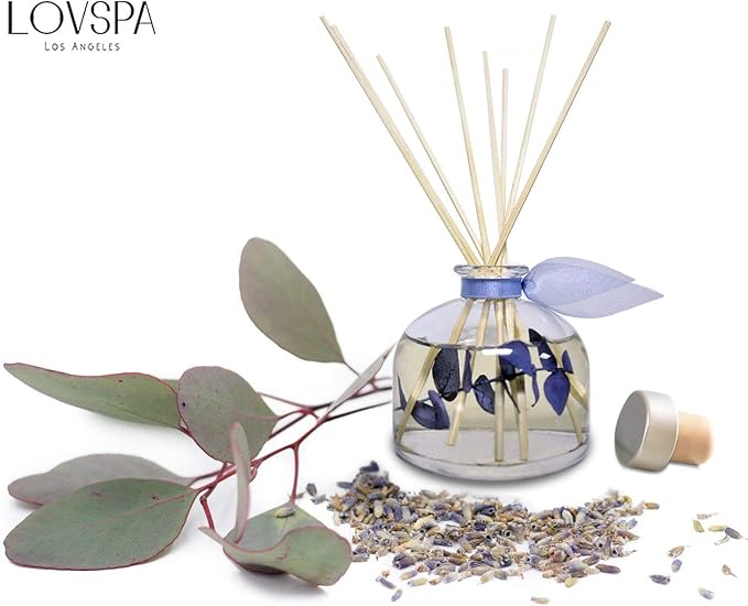 LOVSPA Reed Diffuser Set, DE-Stress Lavender Eucalyptus Scented Oil Diffuser with Sticks, Home Fragrance Accessories for Bathroom Shelf Decor, Aroma Diffusers for Home or Office Desk, USA Made
