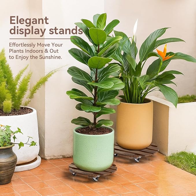 2 Pack Plant Stand Indoor and Outdoor, 12IN Premium Wooden Plant Caddy with Wheels, Heavy Duty Plant Stands with 360° Lockable Wheels, Classic Plant Cart