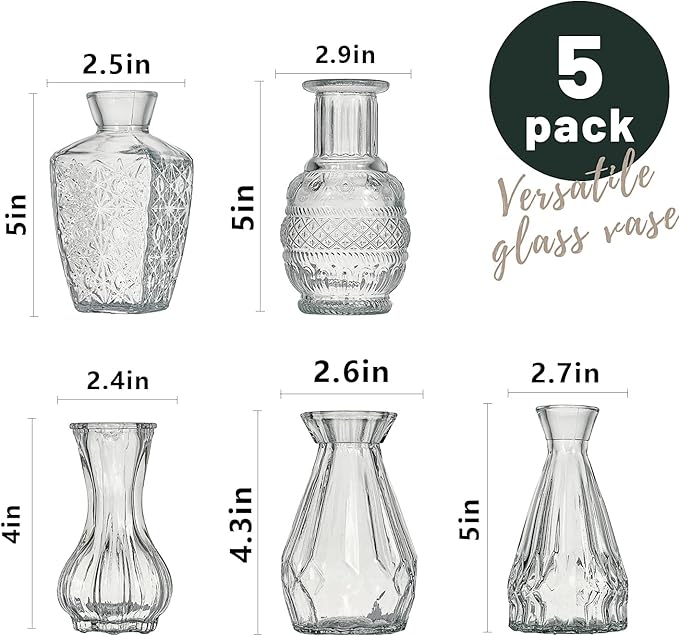 Glass Bud Vase Set of 5 Pcs Small Minimalist Vases for Flowers, Vintage Rustic Home Decor for Table Centerpiece Wedding Party, Modern Clear Aromatherapy Bottle for Living Room Bedroom